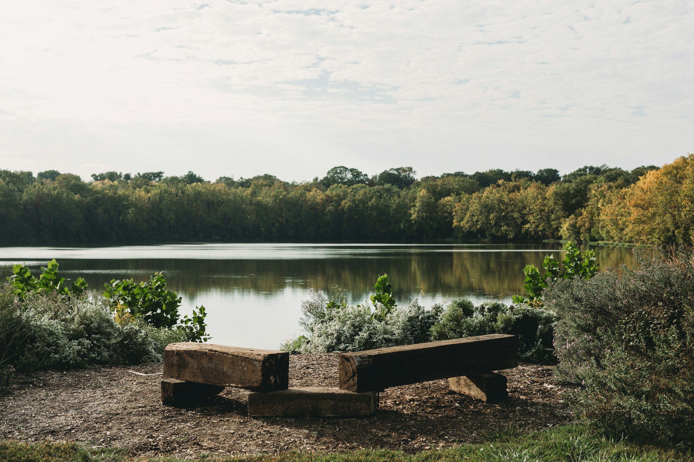 Park bench overlooking river.